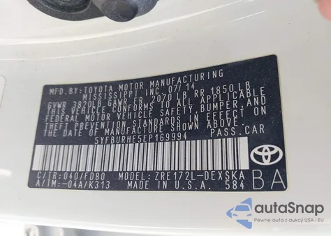 2014 Toyota Corolla S Plus из США, поврежденный, VIN 5YFBURHE5EP169994